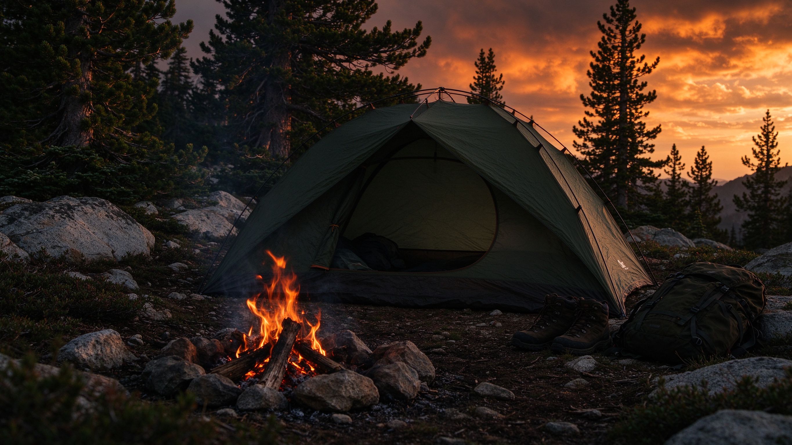 Mountain campsite at sunset